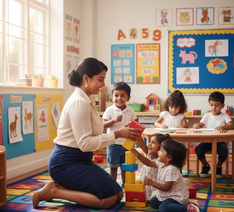 Teacher engaging with children through play-based learning