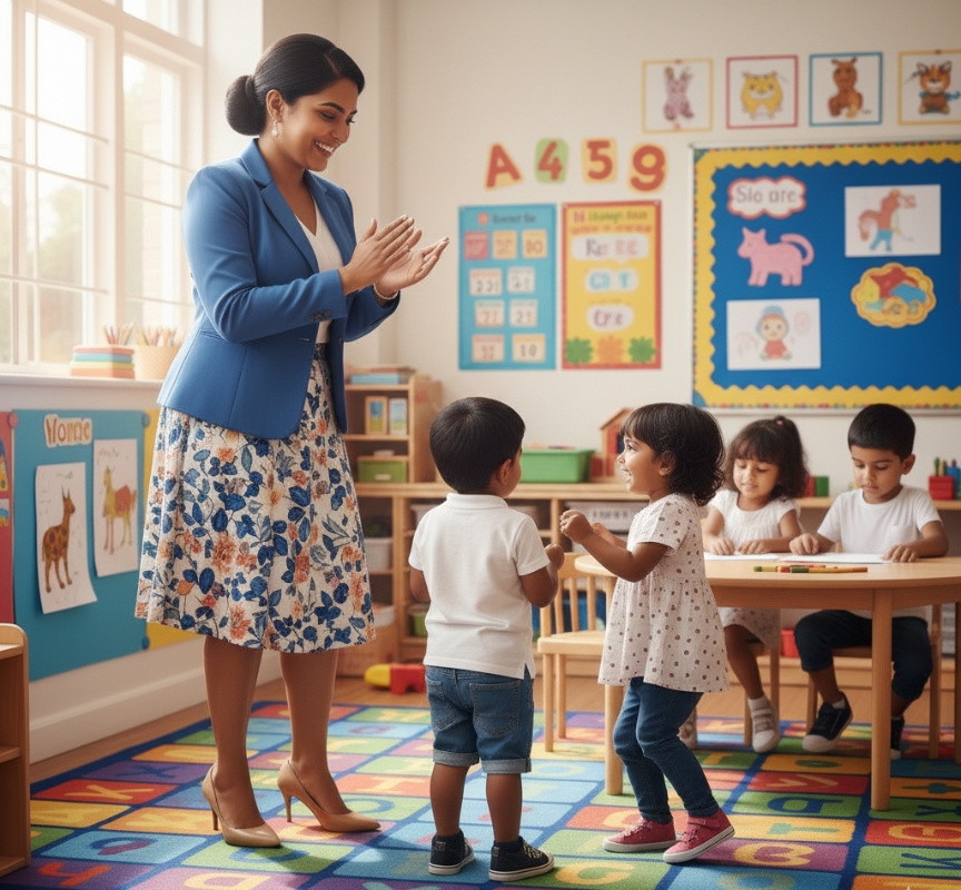 Professional educator interacting with children